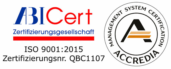 Logo der ABICert Zertifizierungsgesellschaft mit ISO 9001 2015 und Accredia Siegel